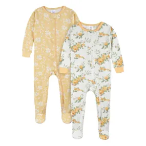 2-Pack Baby & Toddler Girls Golden Flowers Snug Fit Footed Cotton Pajamas