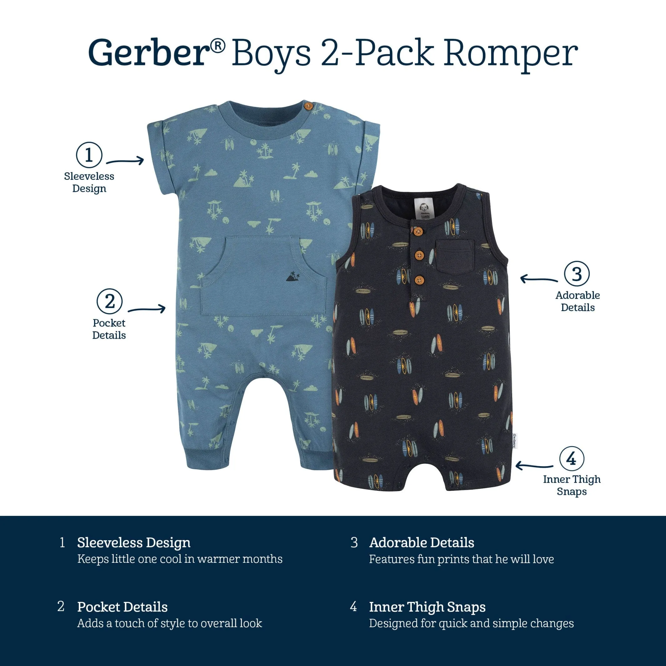 2-Pack Baby Boys Surfing Rompers