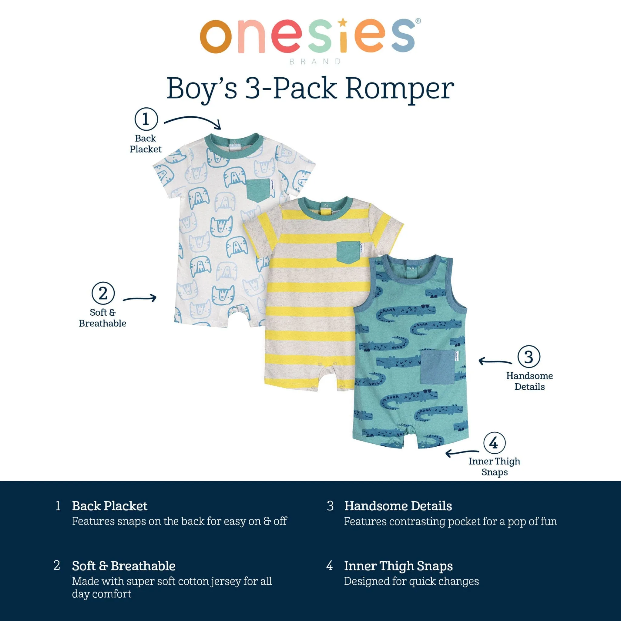 3-Pack Baby Boys Critters Rompers