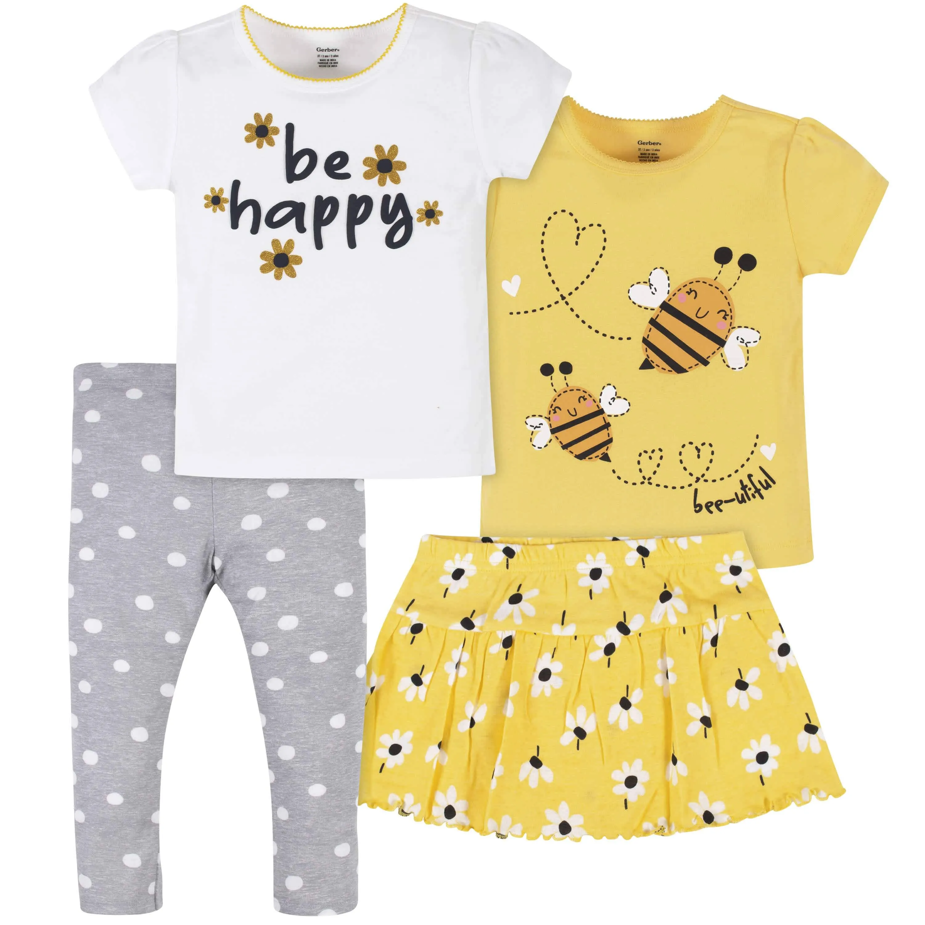 4-Piece Infant & Toddler Girls Bee Garden Tees, Skort & Pants Set