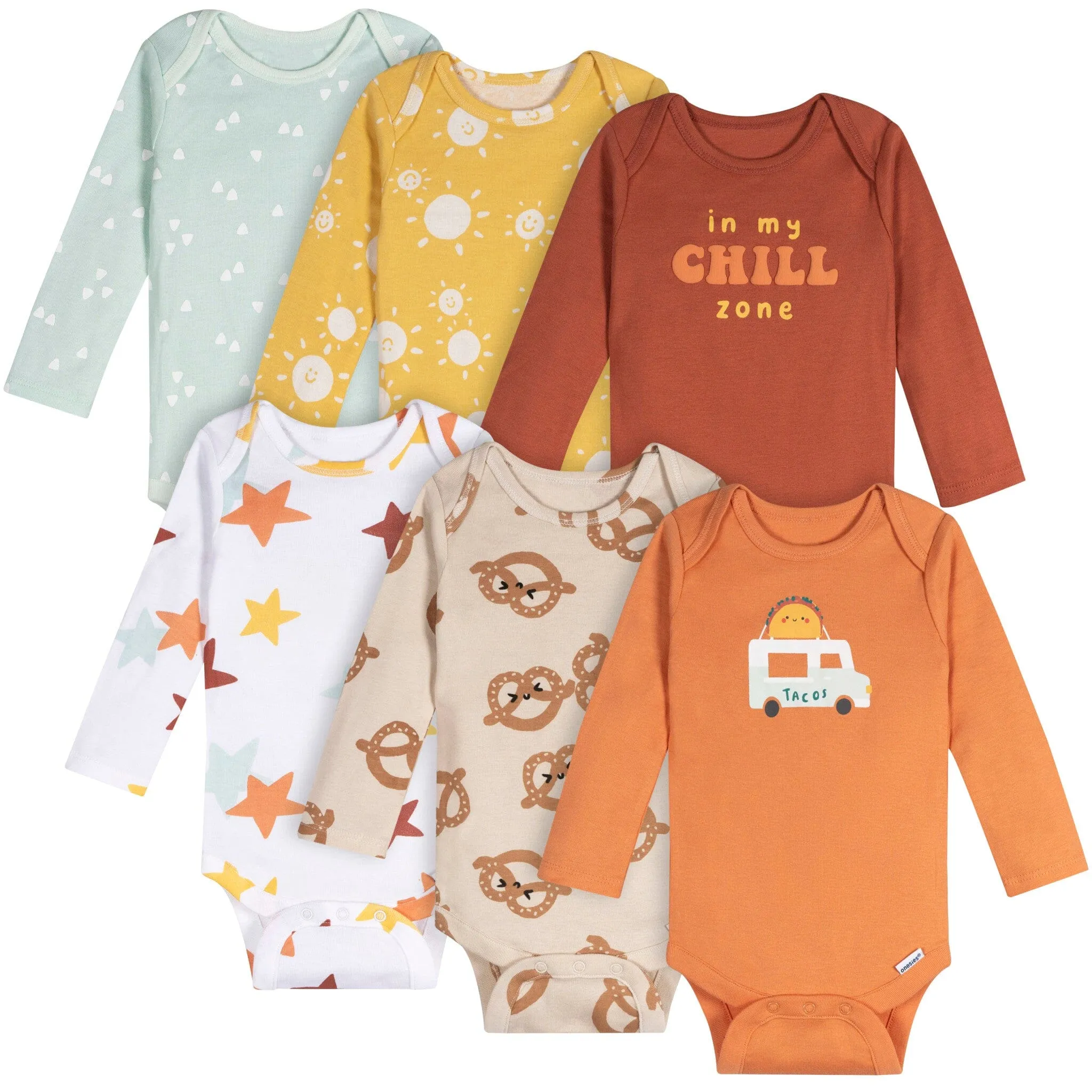 6-Pack Baby Neutral Pretzels Long Sleeve Onesies® Bodysuits