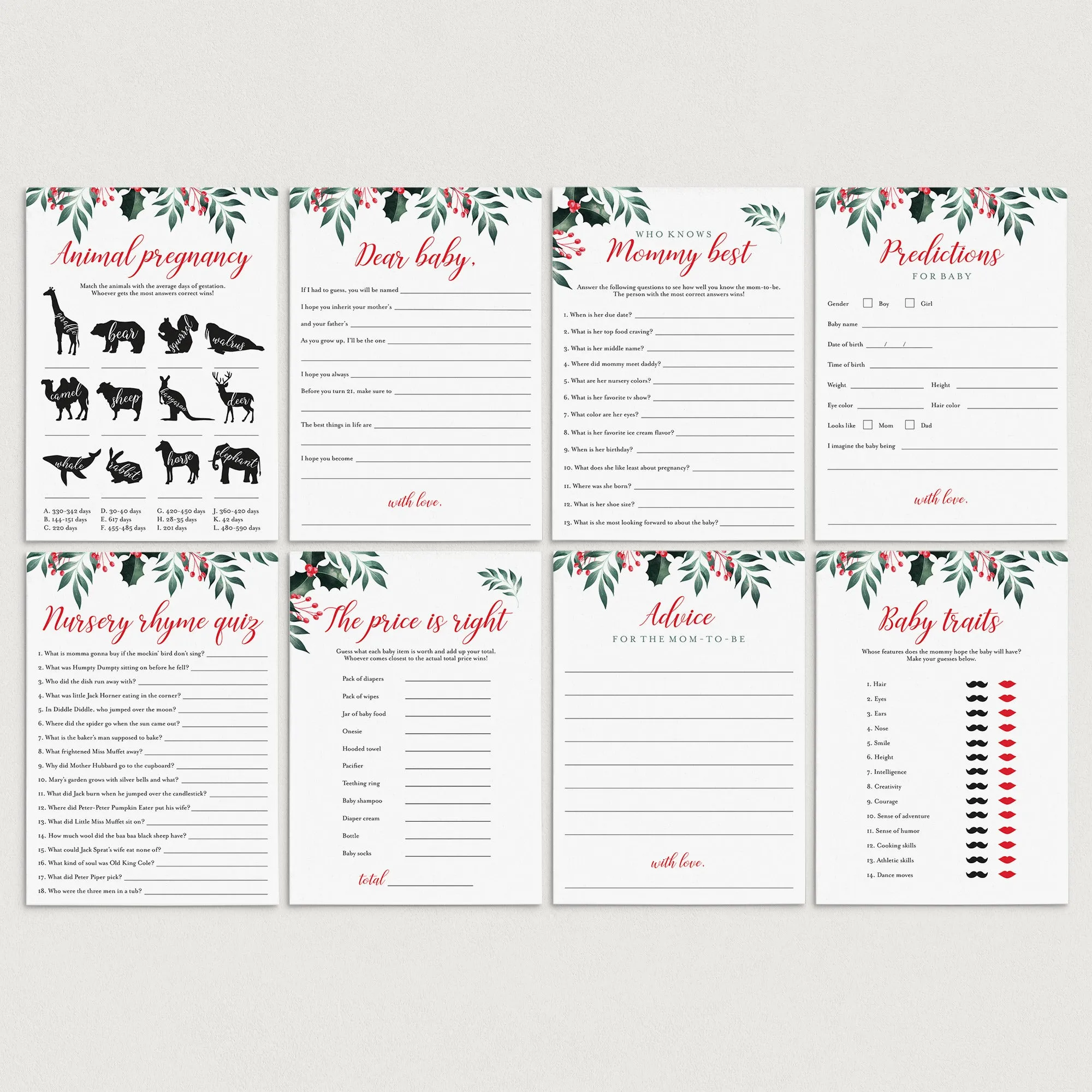 8 Winter Holly Baby Shower Games Printable