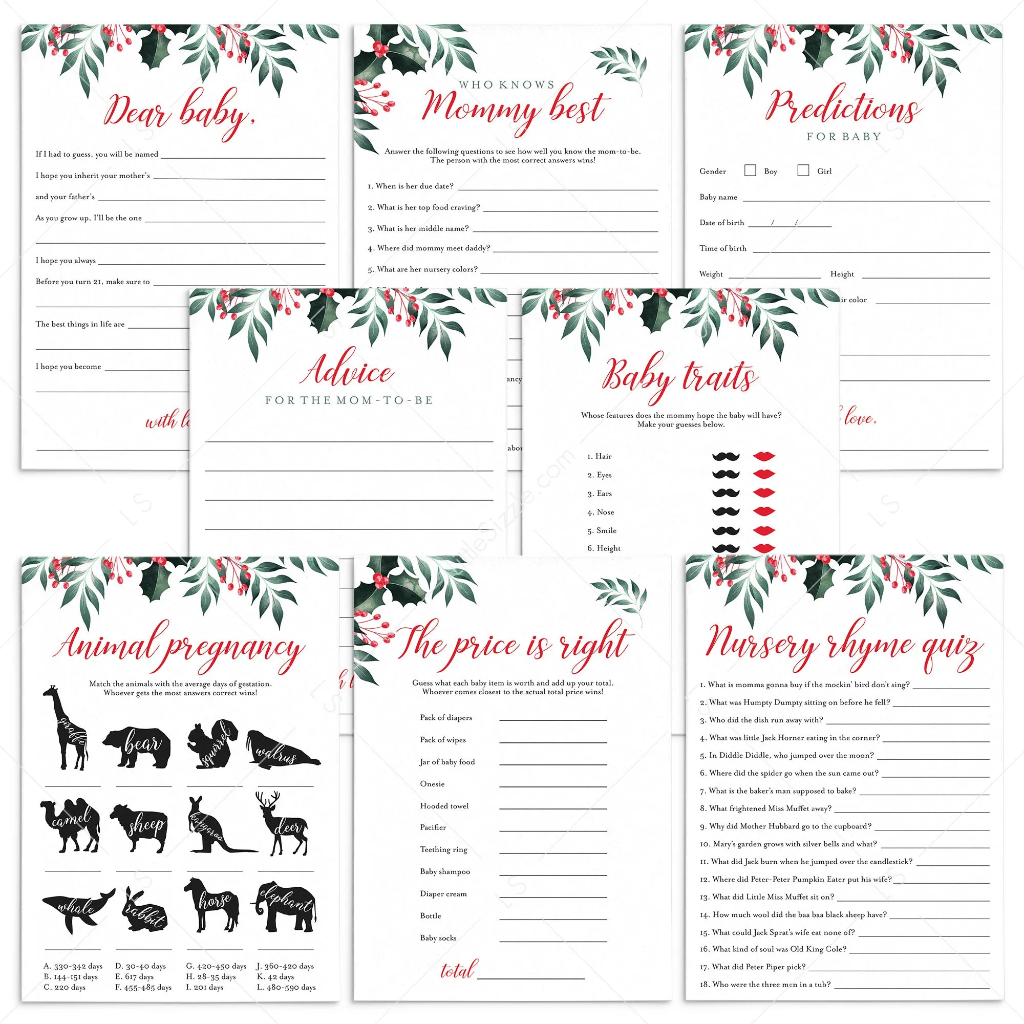 8 Winter Holly Baby Shower Games Printable