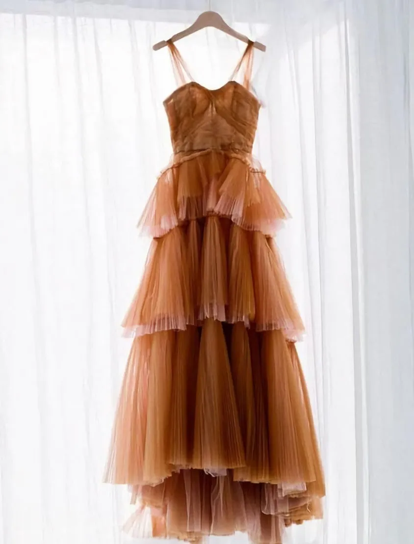 A Line Long Brown Tulle Prom Dresses