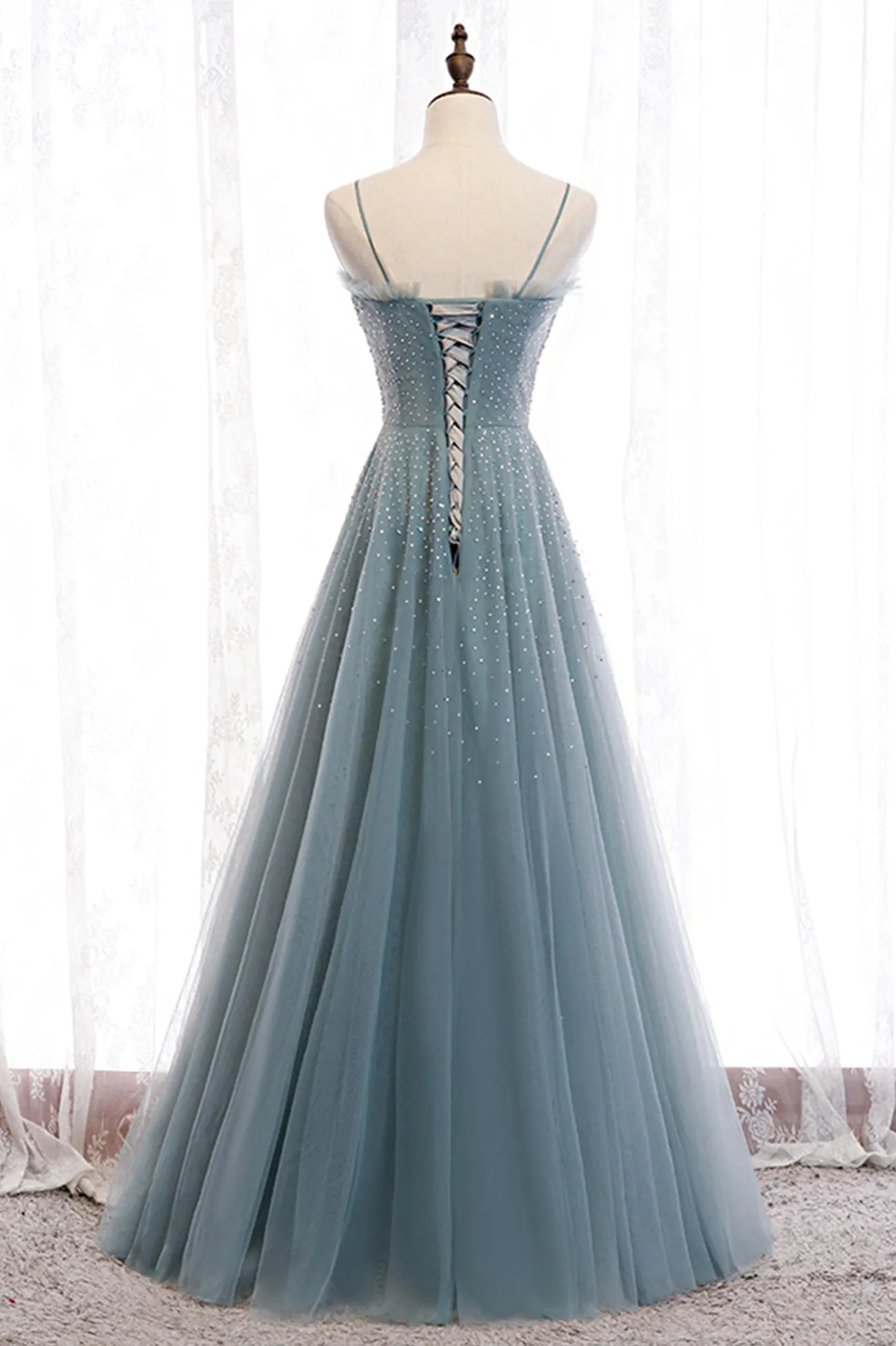 A-Line Spaghetti Straps Tulle Beaded Long Prom Dress, Cute Evening Party Dress