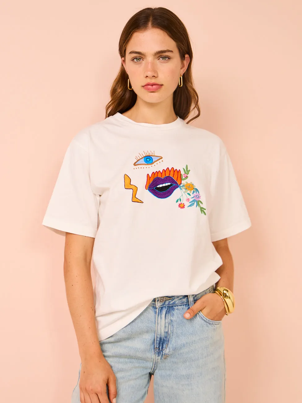 Alemais Meagan Embroidery T-Shirt in Cream