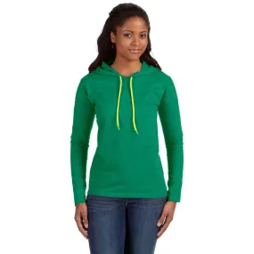 Anvil Women's Heather Green/Neon Yellow Long-Sleeve Hooded T-Shirt