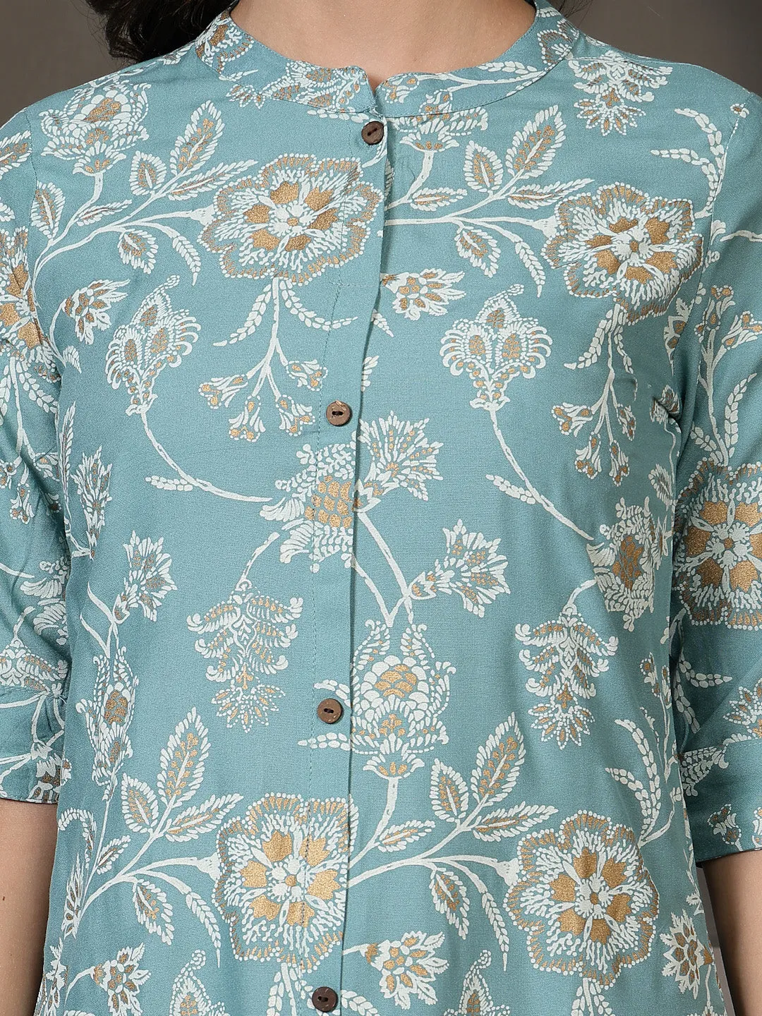 Aqua Floral Printed Rayon A-Line Kurta Pant Set