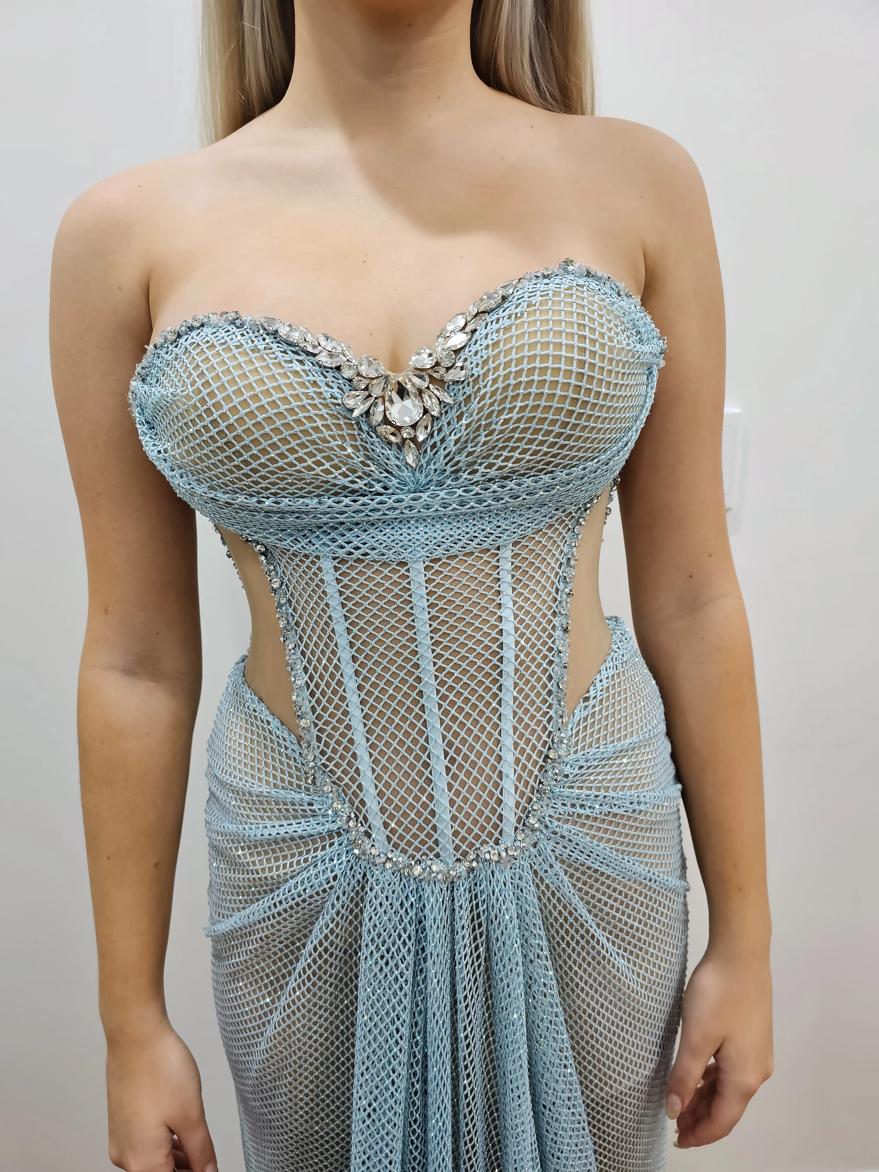 Baby blue crystal mesh sweet heart neckline with crystal details