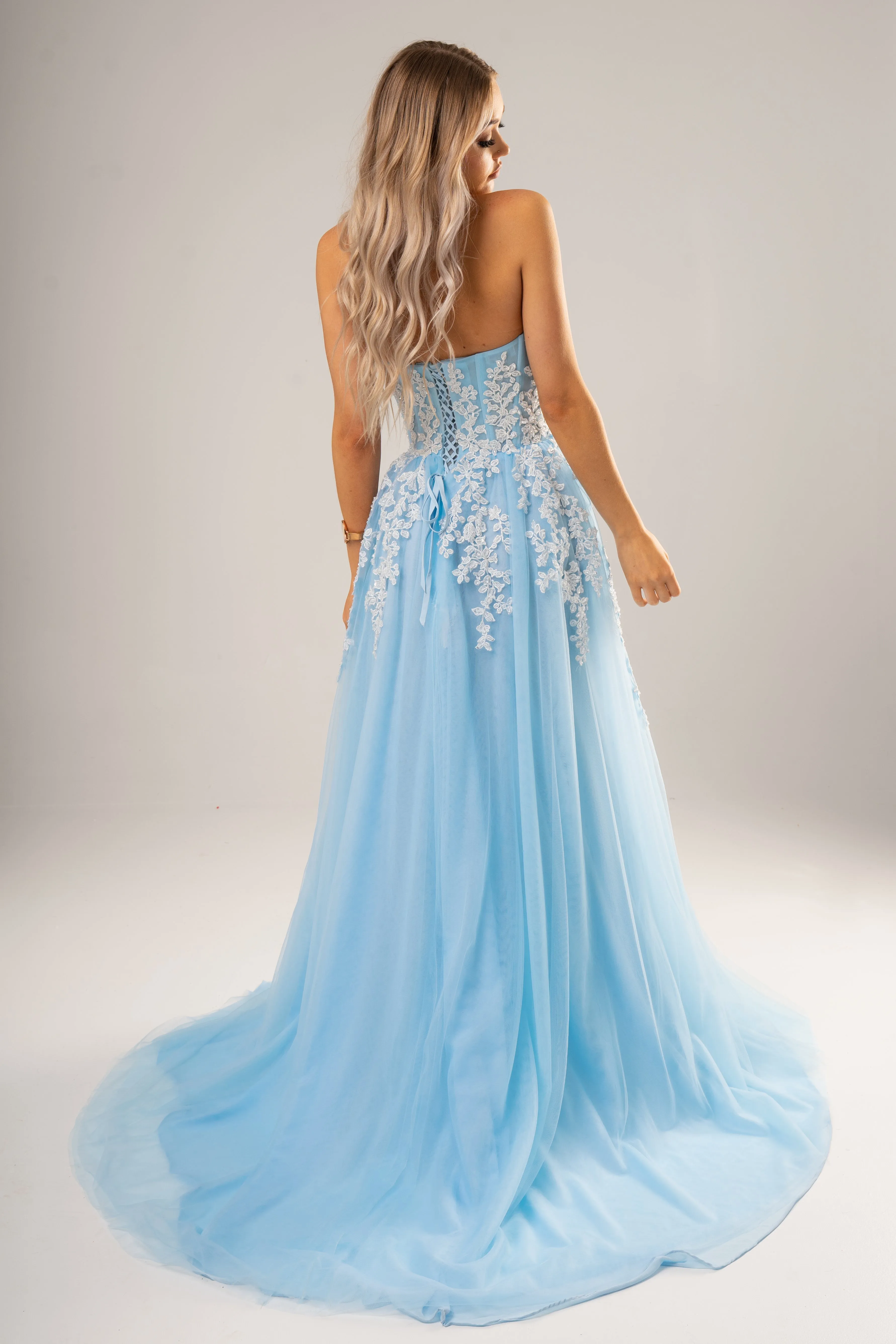 Baby blue tulle bustier strapless princess dress with slit for hire