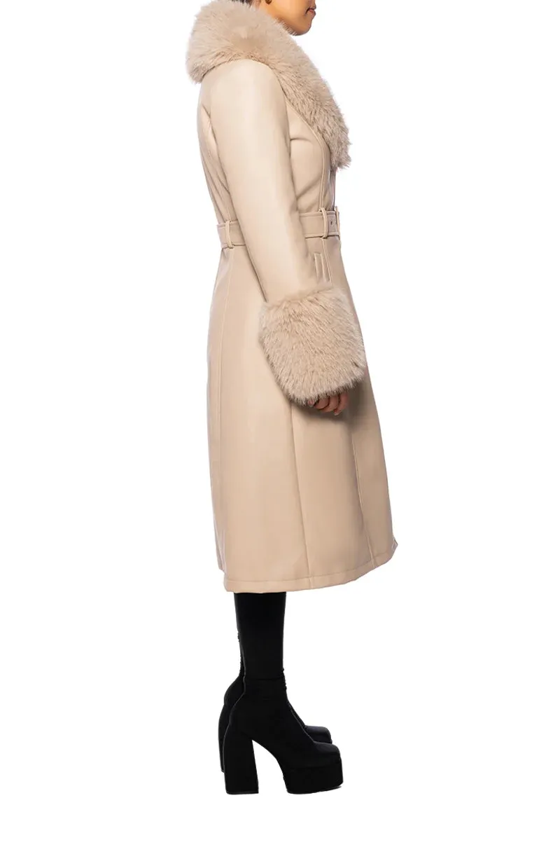 BEIGE FAUX FUR LEATHER COAT