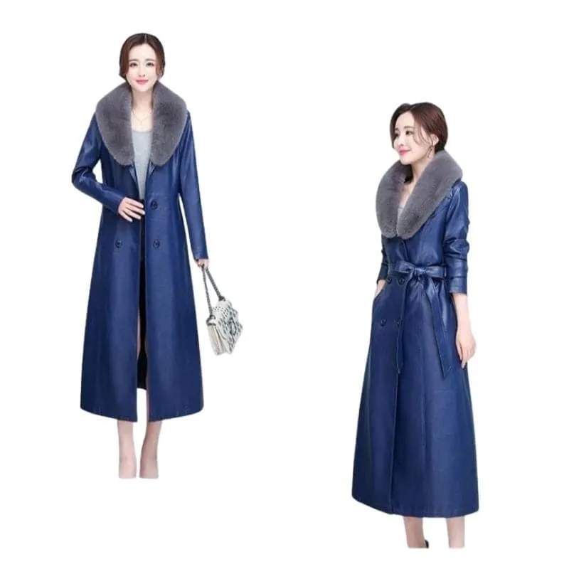 BELLA Design Women's Fine Fashion Long Luxury Designer Leather Navy Blue Plush Fur Coat Jacket