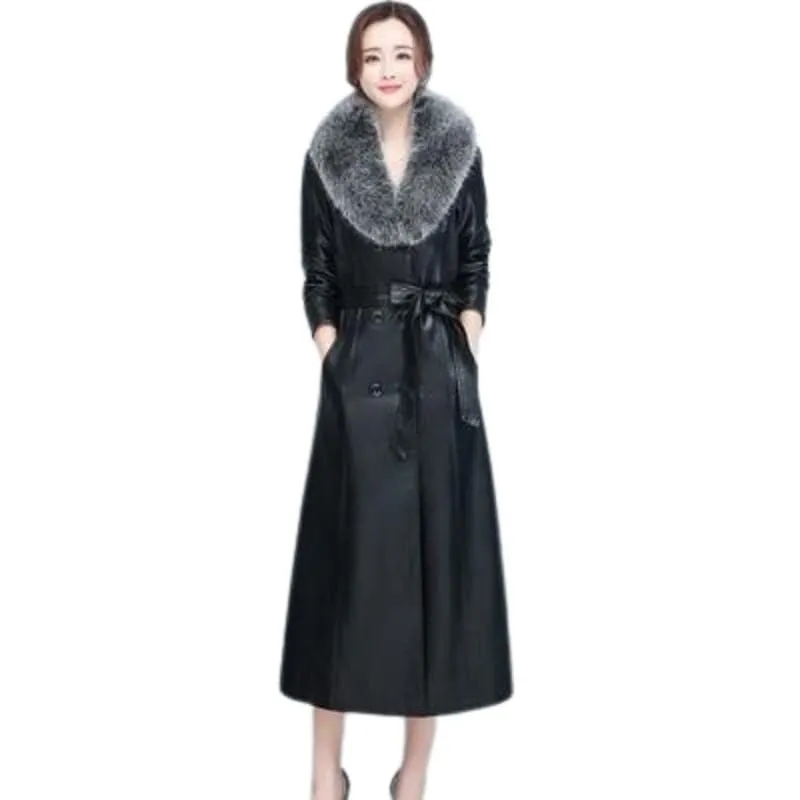 BELLA Design Women's Fine Fashion Long Luxury Designer Leather Navy Blue Plush Fur Coat Jacket