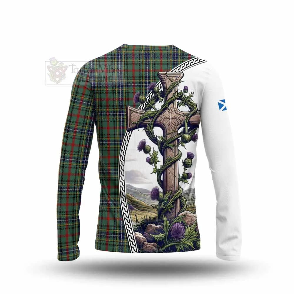 Bisset Tartan Long Sleeve T-Shirt with Family Crest and St. Andrew's Cross Accented by Thistle Vines