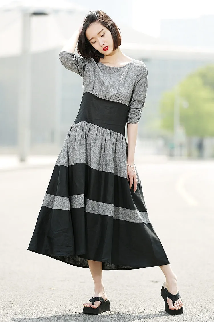 Black Grey Stripey Fit & Flare Elegant Dress with Round Neck and Ruched Sleeves C350