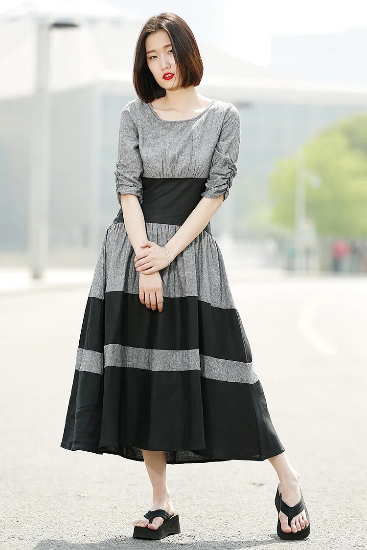 Black Grey Stripey Fit & Flare Elegant Dress with Round Neck and Ruched Sleeves C350