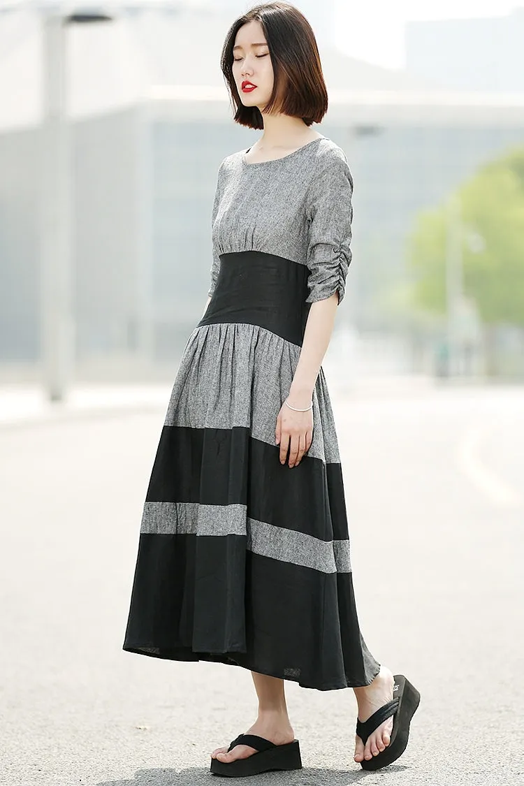 Black Grey Stripey Fit & Flare Elegant Dress with Round Neck and Ruched Sleeves C350