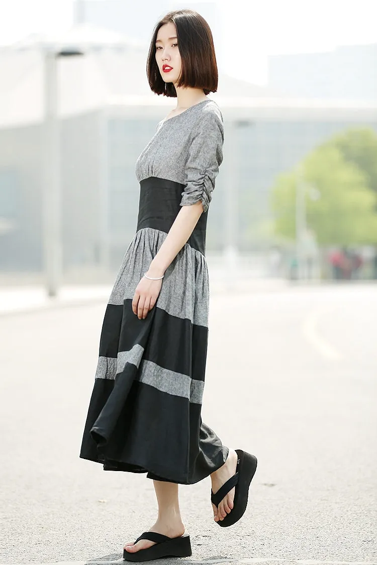 Black Grey Stripey Fit & Flare Elegant Dress with Round Neck and Ruched Sleeves C350