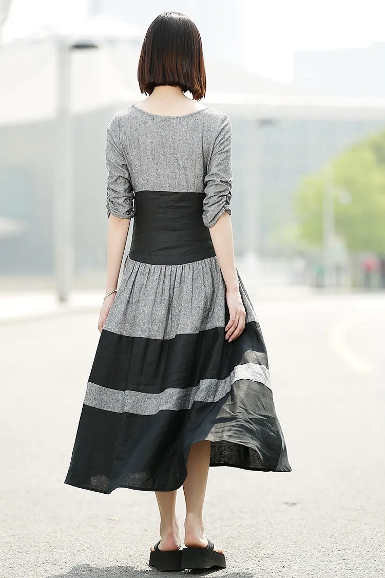 Black Grey Stripey Fit & Flare Elegant Dress with Round Neck and Ruched Sleeves C350