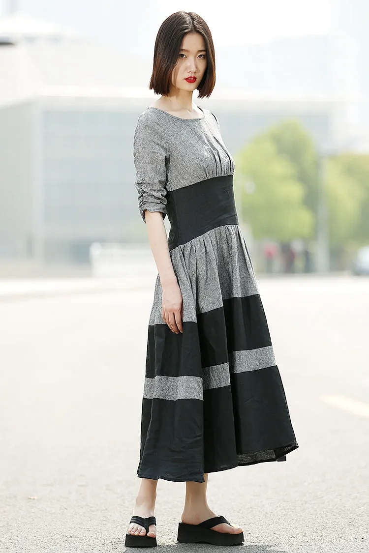 Black Grey Stripey Fit & Flare Elegant Dress with Round Neck and Ruched Sleeves C350