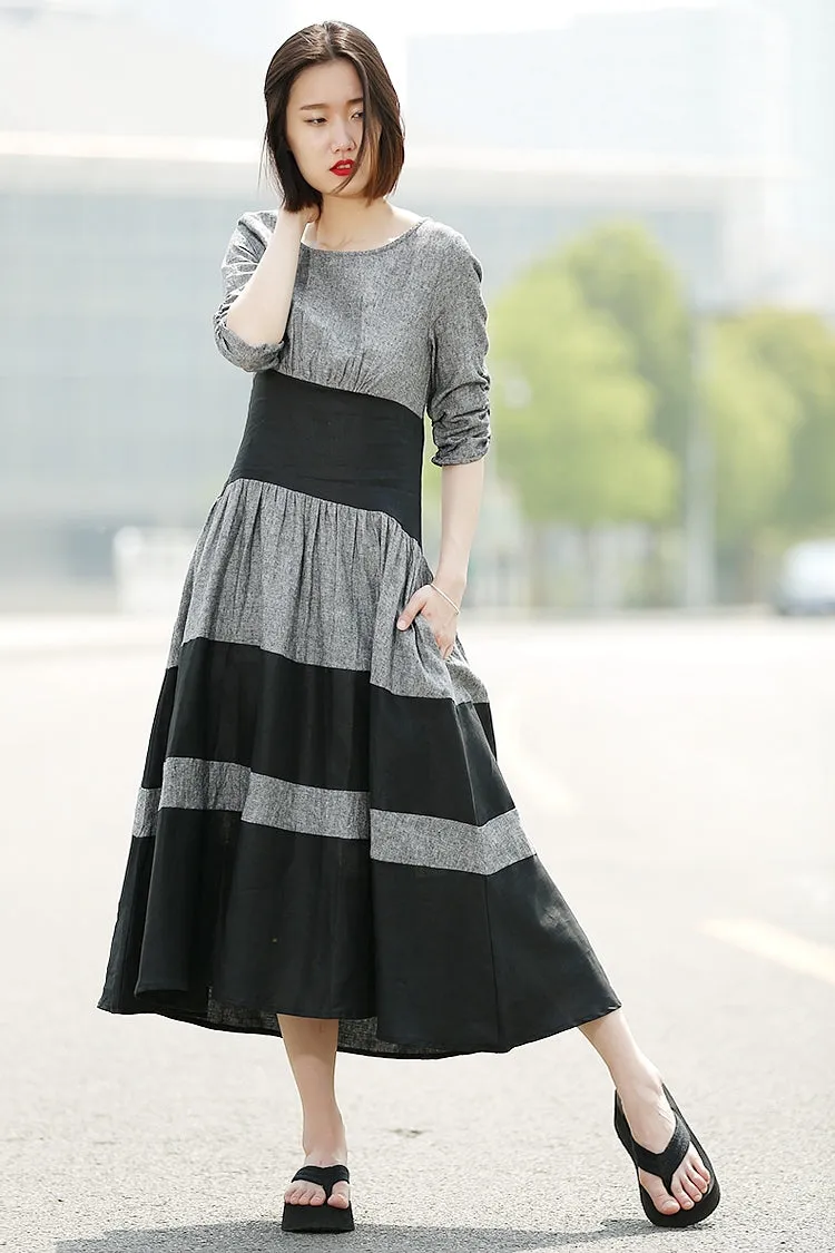 Black Grey Stripey Fit & Flare Elegant Dress with Round Neck and Ruched Sleeves C350