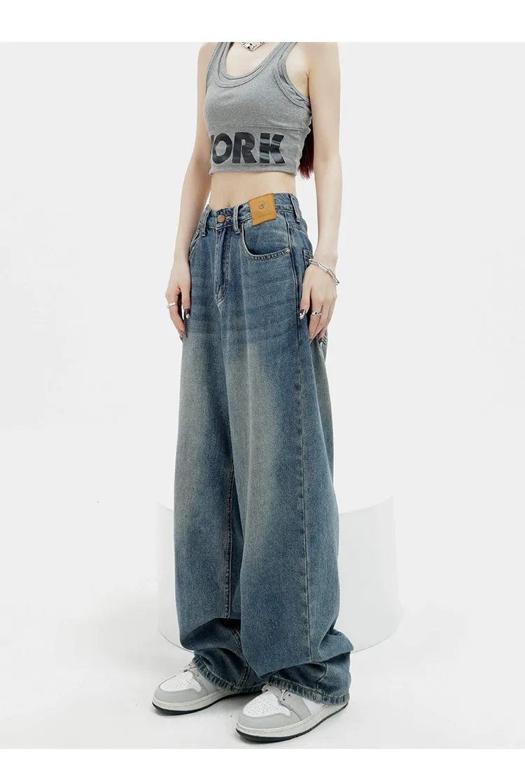 Blue Retro Loose Straight-Leg High-Waist Floor-Length Jeans