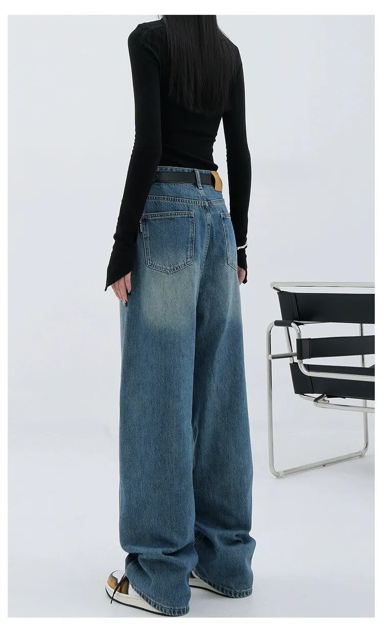 Blue Retro Loose Straight-Leg High-Waist Floor-Length Jeans