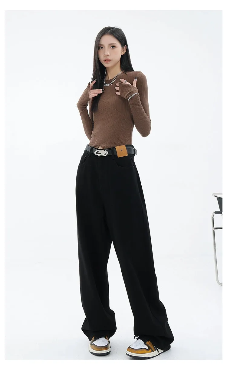 Blue Retro Loose Straight-Leg High-Waist Floor-Length Jeans