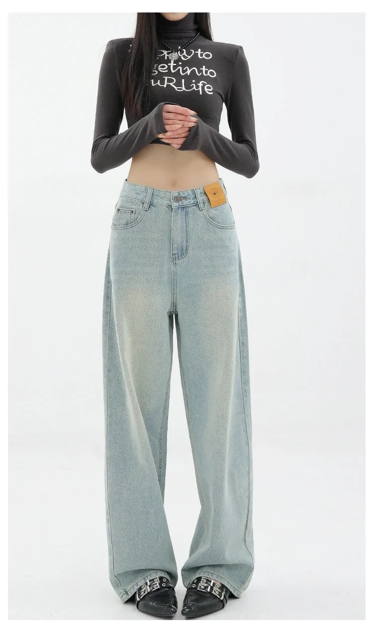 Blue Retro Loose Straight-Leg High-Waist Floor-Length Jeans