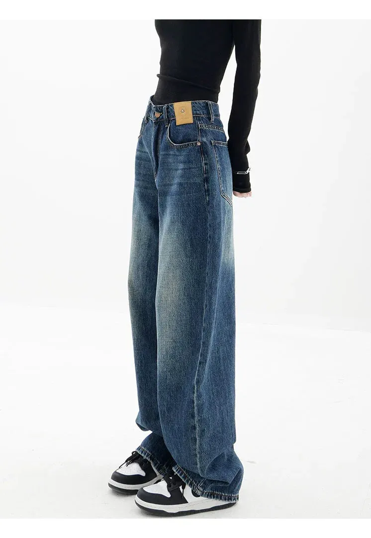 Blue Retro Loose Straight-Leg High-Waist Floor-Length Jeans