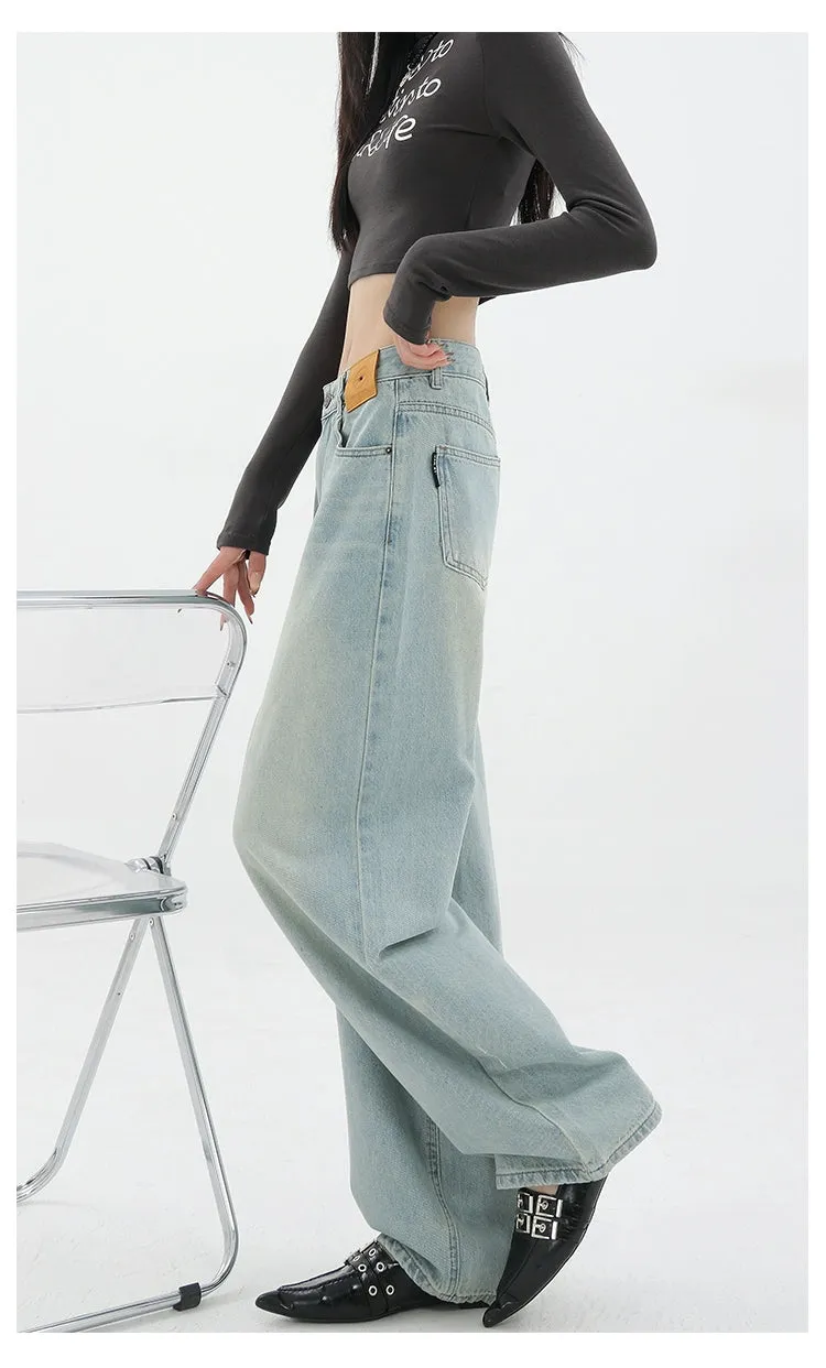 Blue Retro Loose Straight-Leg High-Waist Floor-Length Jeans