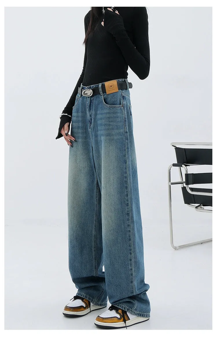 Blue Retro Loose Straight-Leg High-Waist Floor-Length Jeans