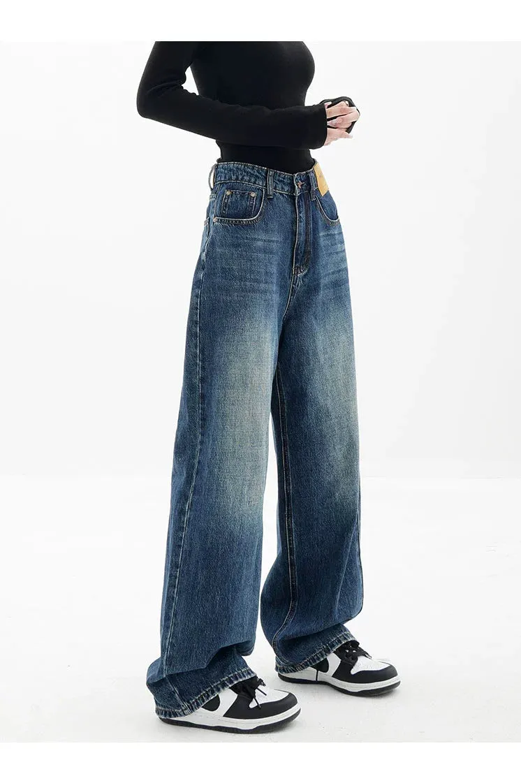 Blue Retro Loose Straight-Leg High-Waist Floor-Length Jeans