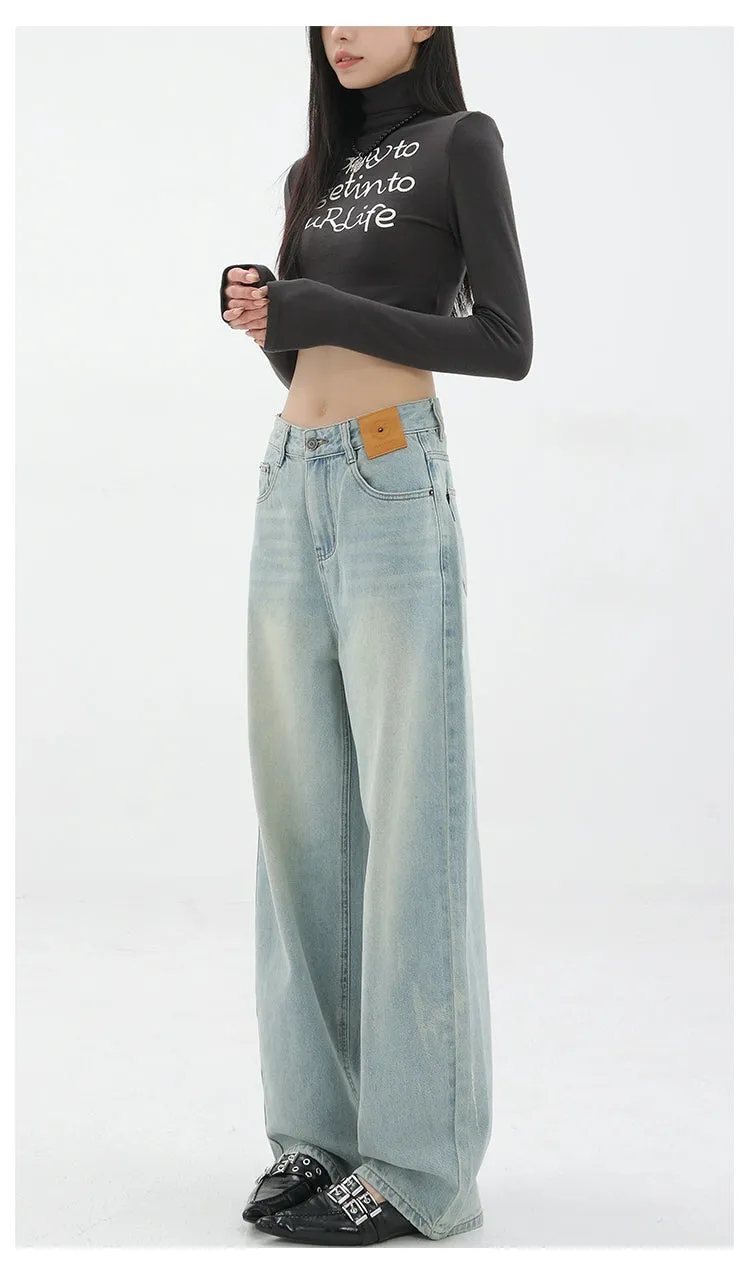 Blue Retro Loose Straight-Leg High-Waist Floor-Length Jeans