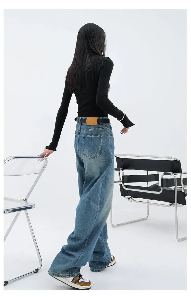 Blue Retro Loose Straight-Leg High-Waist Floor-Length Jeans