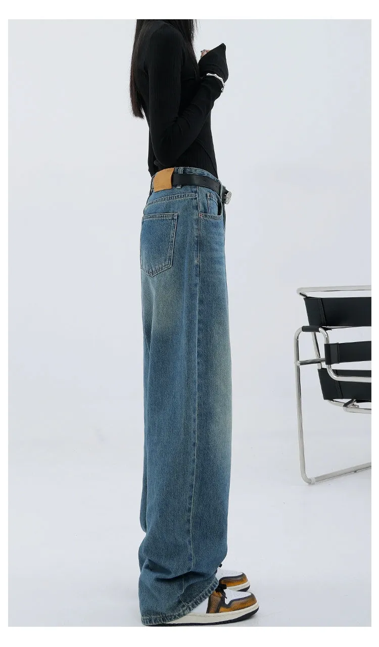 Blue Retro Loose Straight-Leg High-Waist Floor-Length Jeans