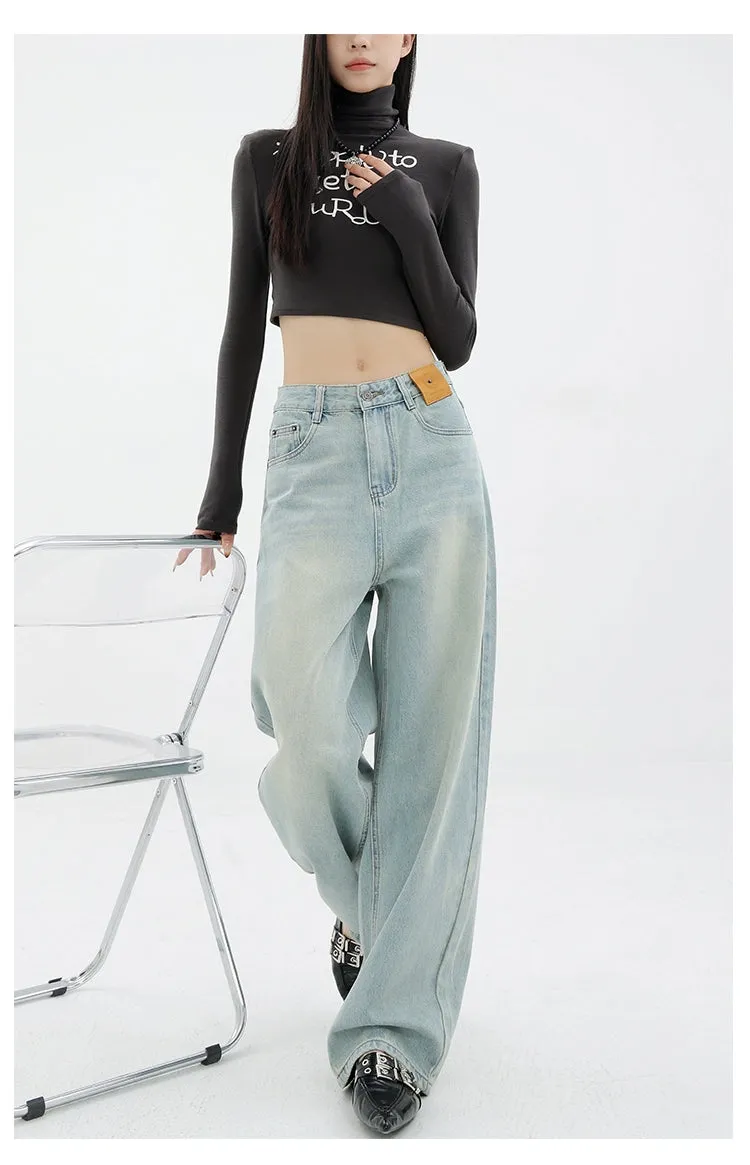 Blue Retro Loose Straight-Leg High-Waist Floor-Length Jeans