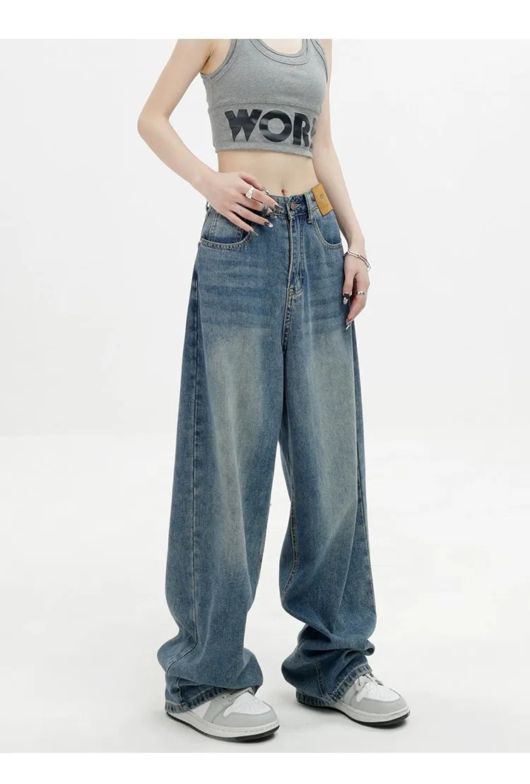 Blue Retro Loose Straight-Leg High-Waist Floor-Length Jeans