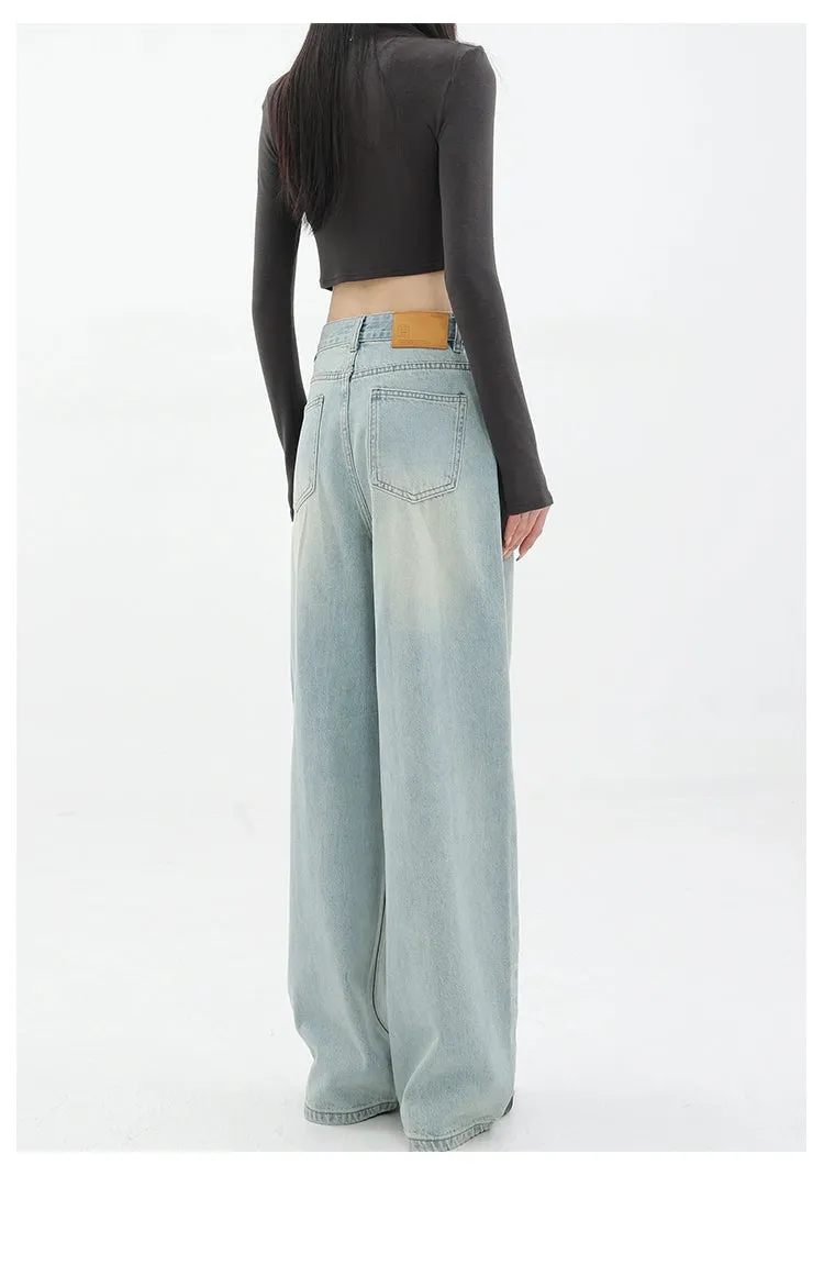 Blue Retro Loose Straight-Leg High-Waist Floor-Length Jeans