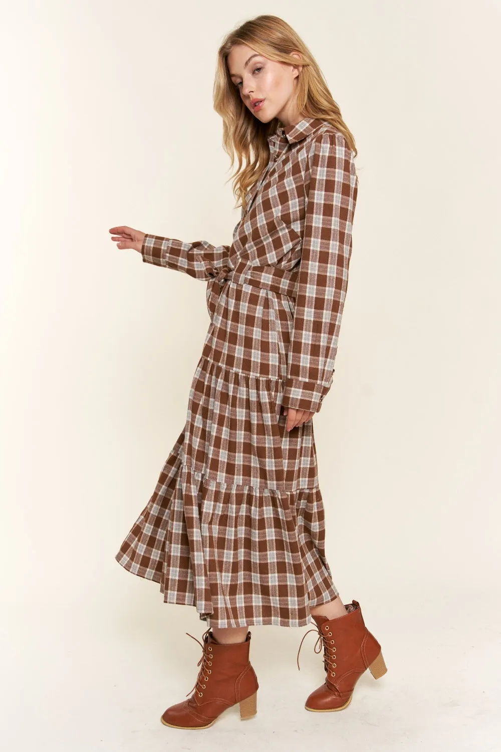 Blue Zone Planet |  And the Why Plaid Tiered Midi Shirt Dress