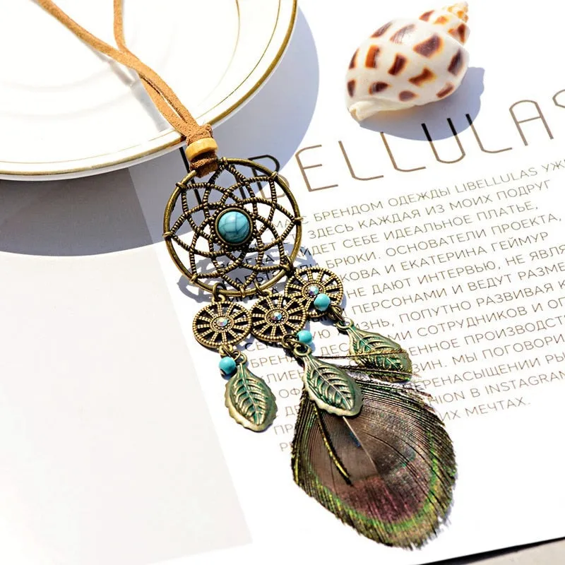 Bohemia Peacock Feather Pendant Necklaces