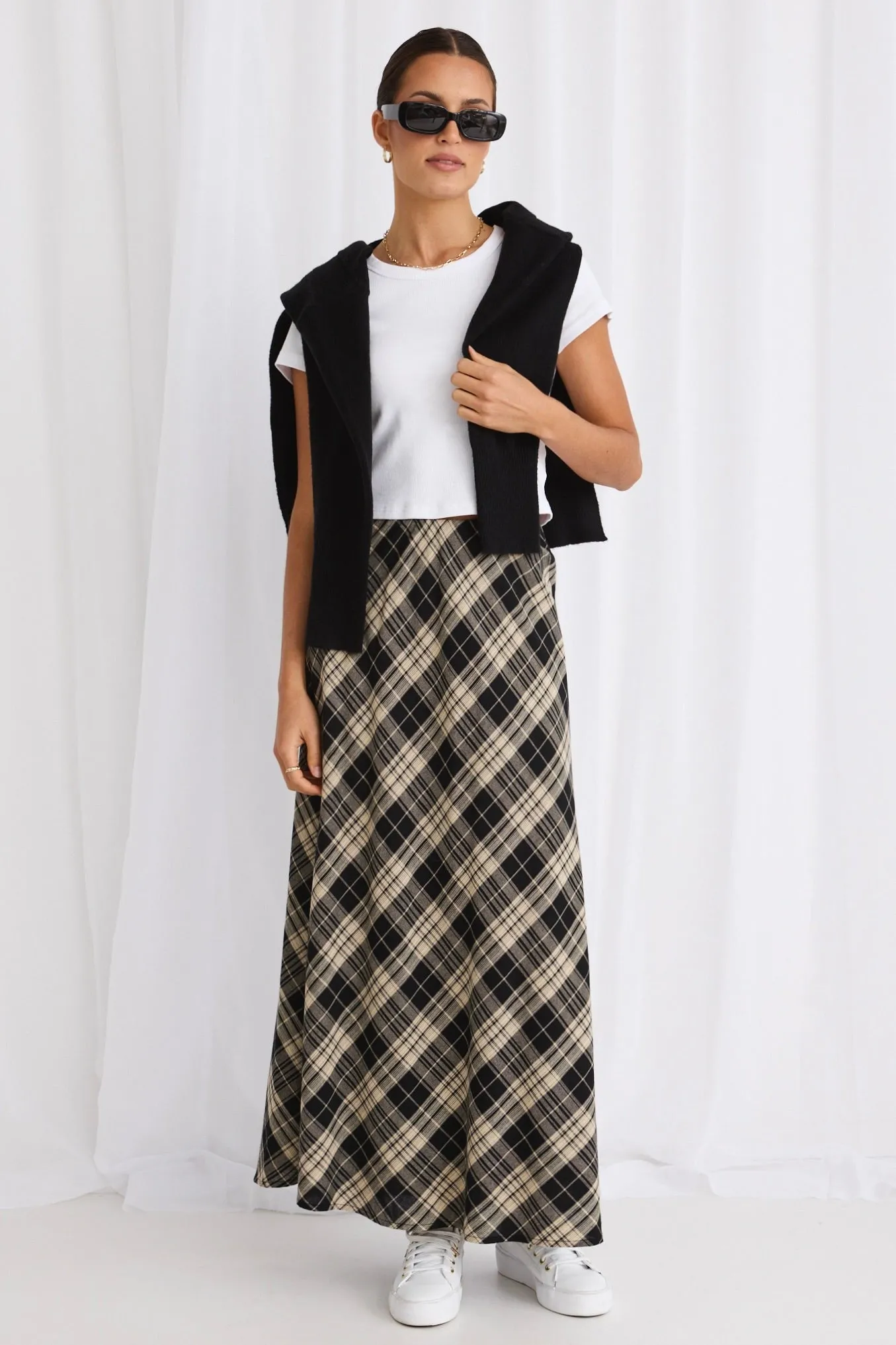 Breathe Black Check Bias Maxi Skirt