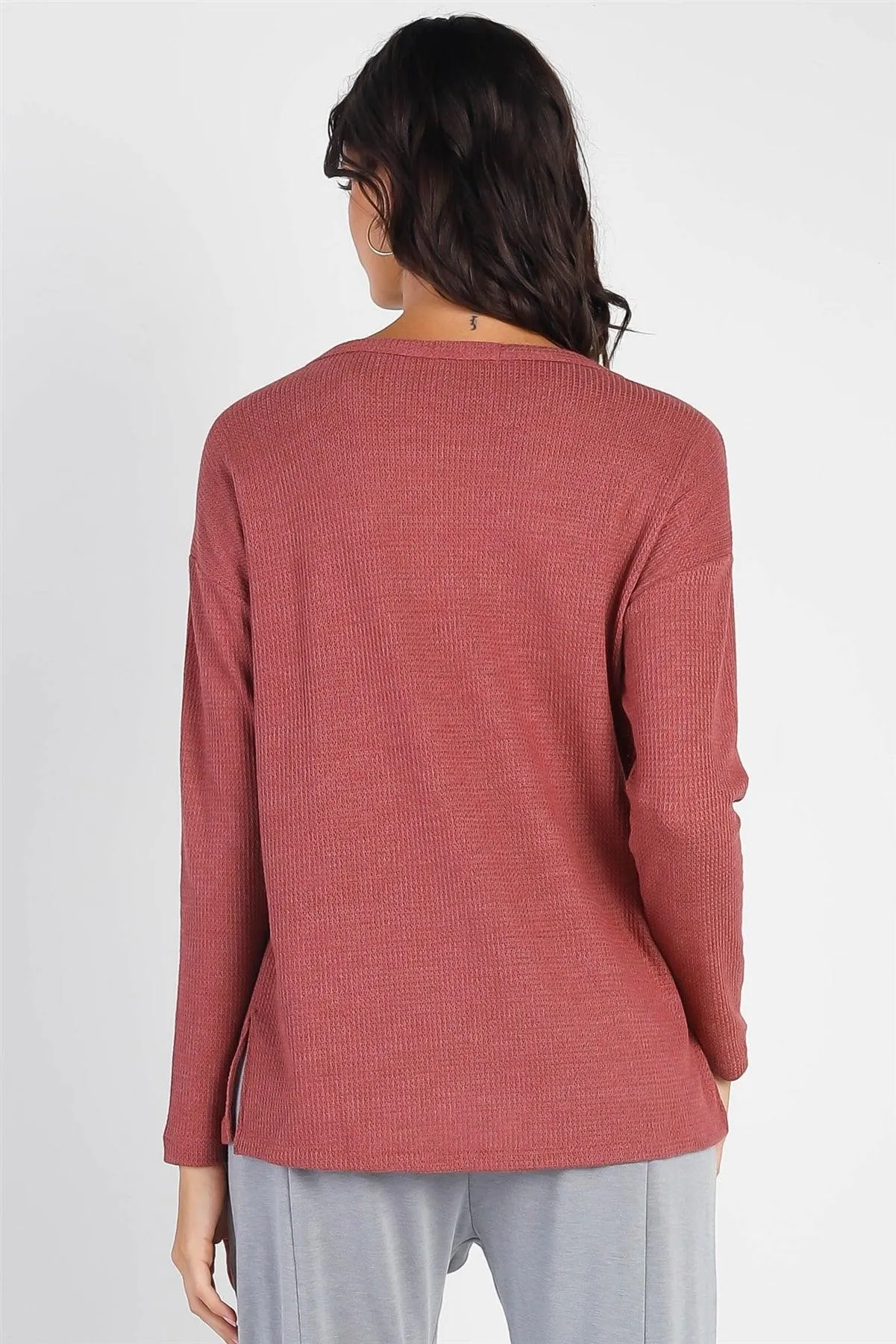 Brick Waffle Knit Front Pocket Long Sleeve Sweatshirt