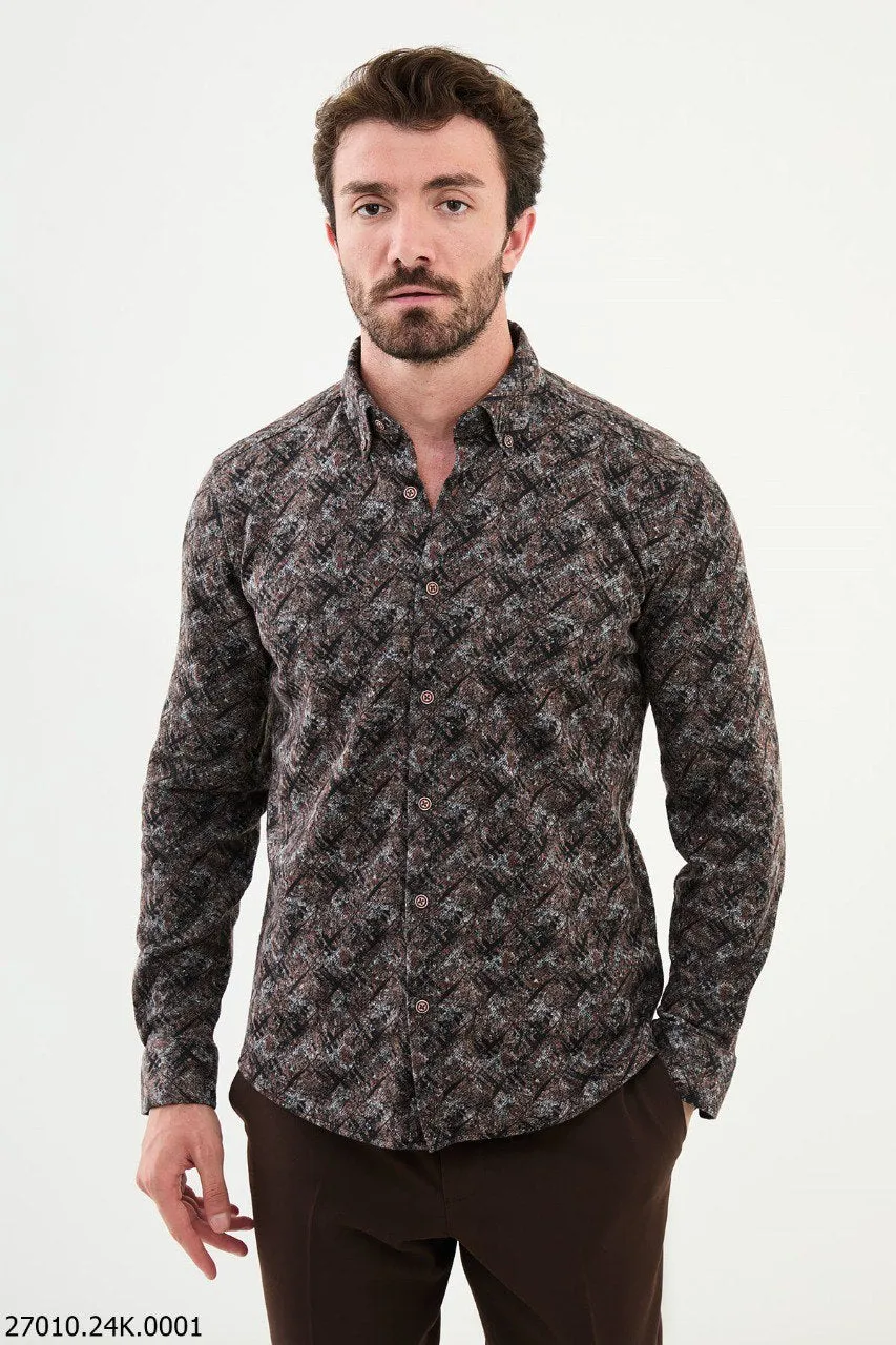 Brown Abstract Pattern Slim-Fit Men's Shirt.