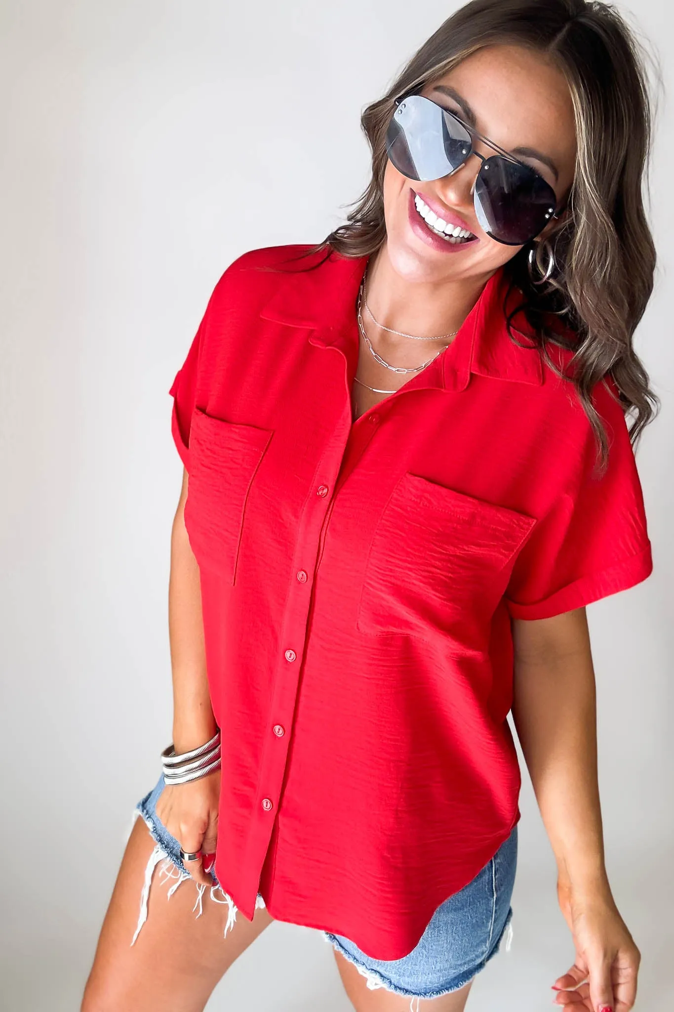 Button Down Double Pocket Red Collared Top