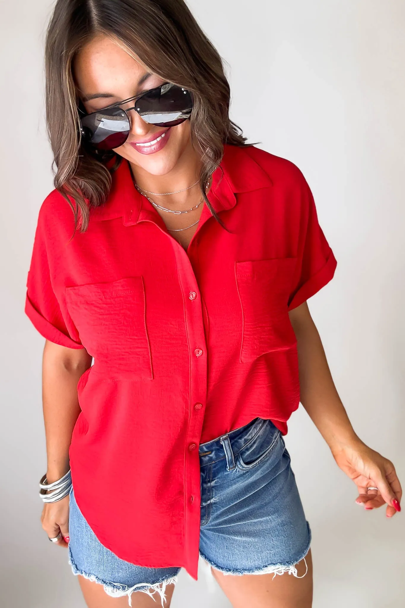 Button Down Double Pocket Red Collared Top