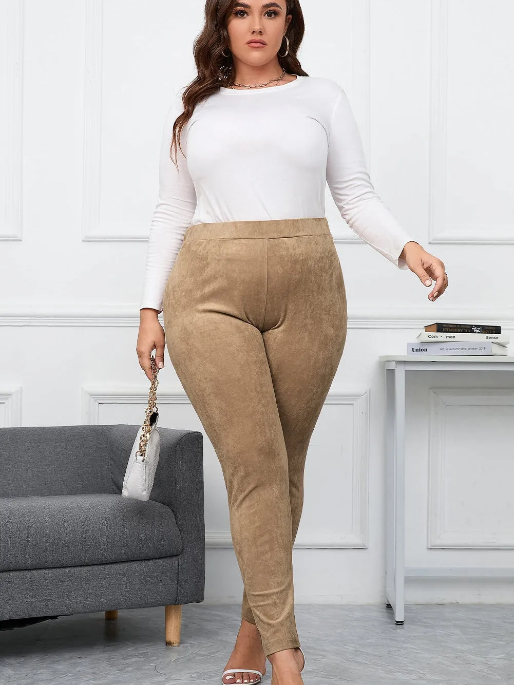 Camel Plus Size High Rise Faux Suede Skinny Pants