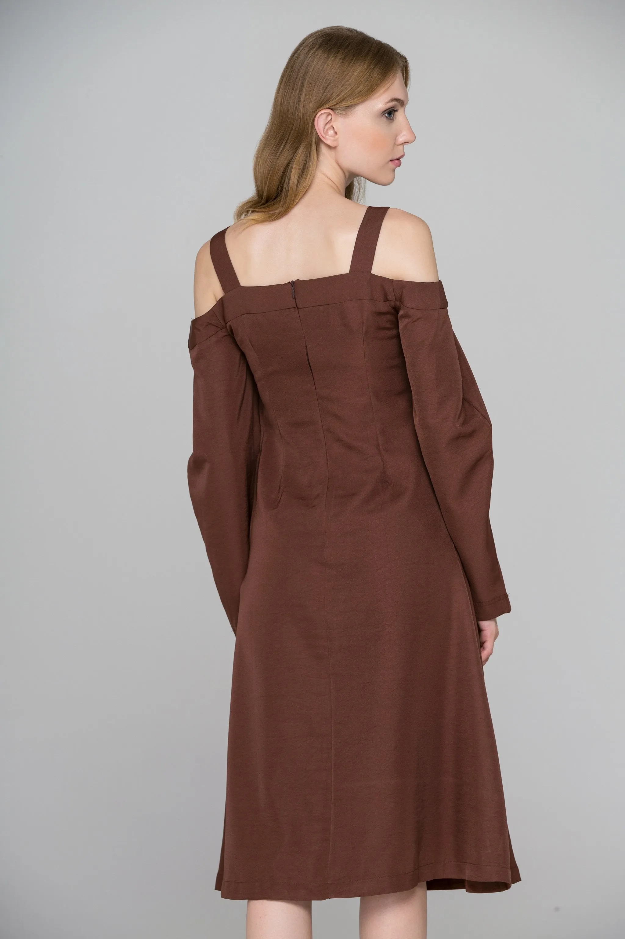 Chocolate Brown Cold Shoulder Midi Dress