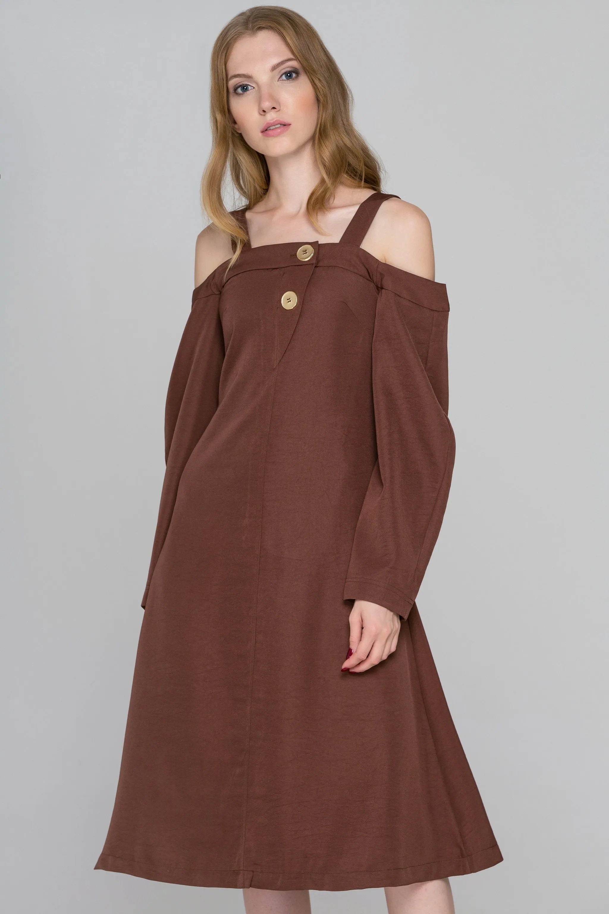 Chocolate Brown Cold Shoulder Midi Dress