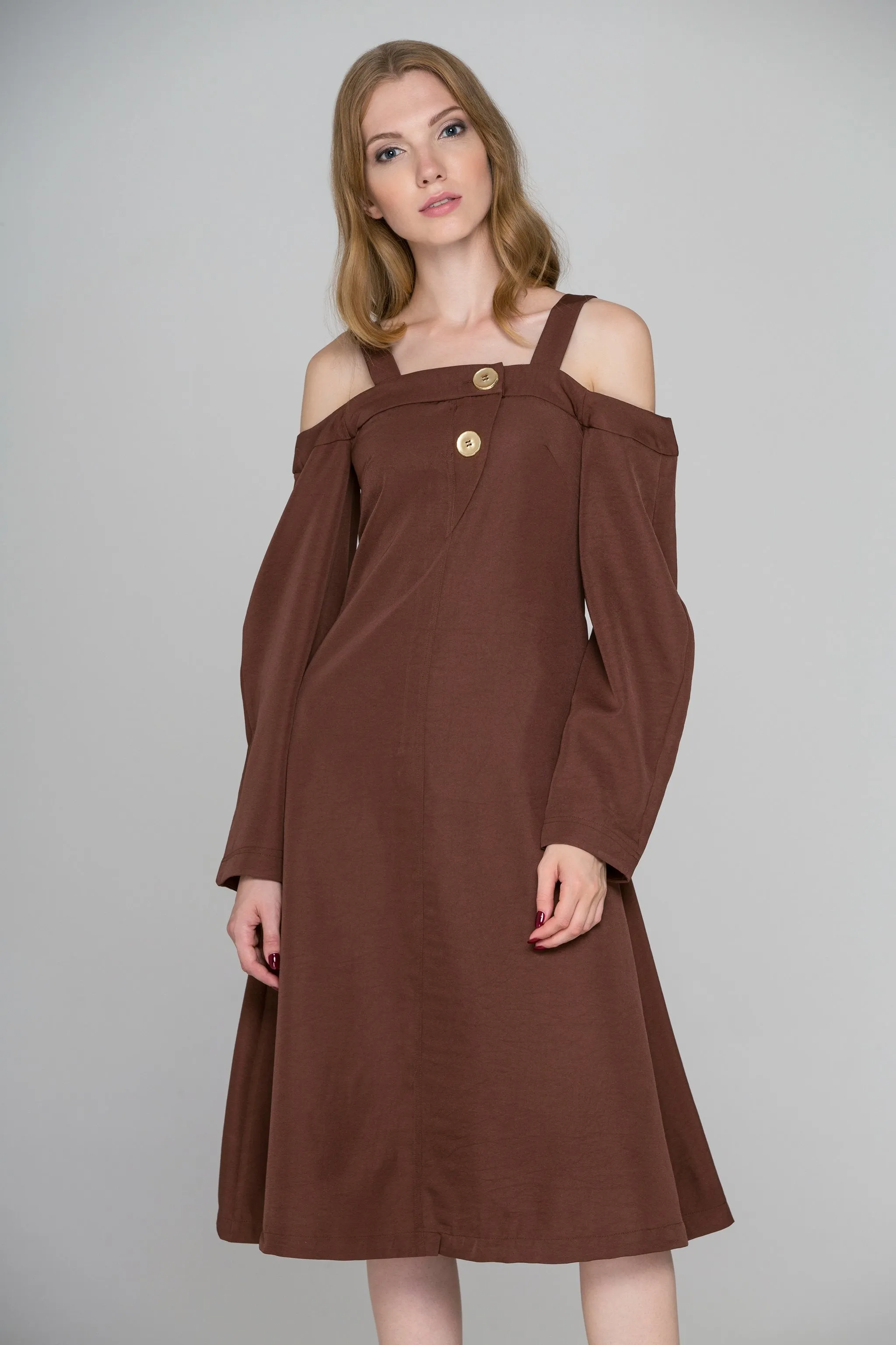 Chocolate Brown Cold Shoulder Midi Dress